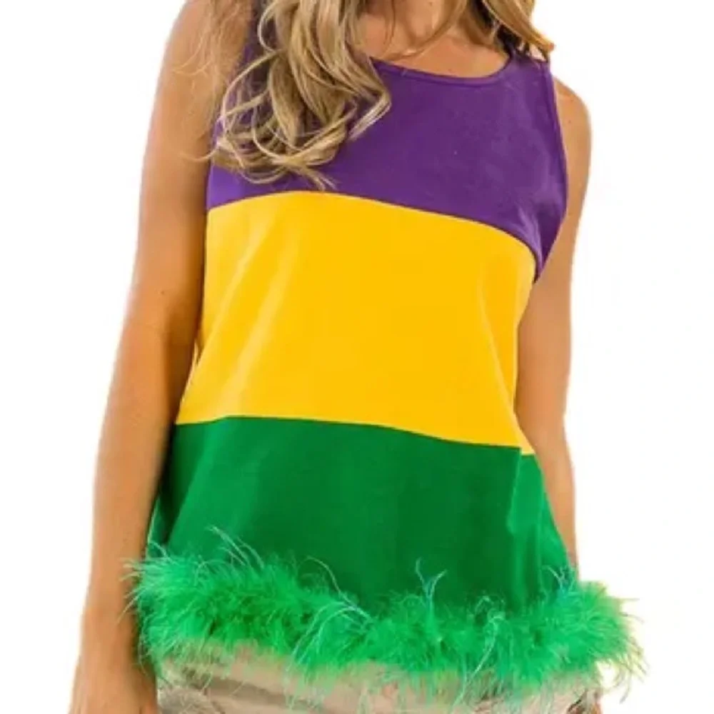Mardi Gras Tank Cotton Top with Feather Hem